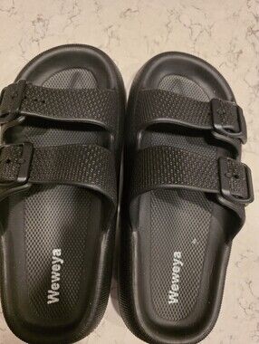 Weweya Black Double Buckle Slide Sandals Size 39-40 Black